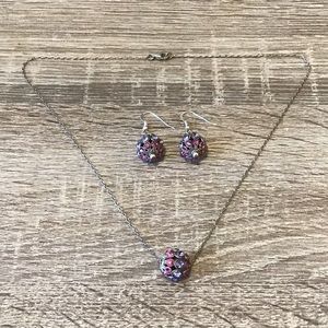 Sterling Silver Pink & Purple Stones Pendant Necklace & Dangle Earrings Set